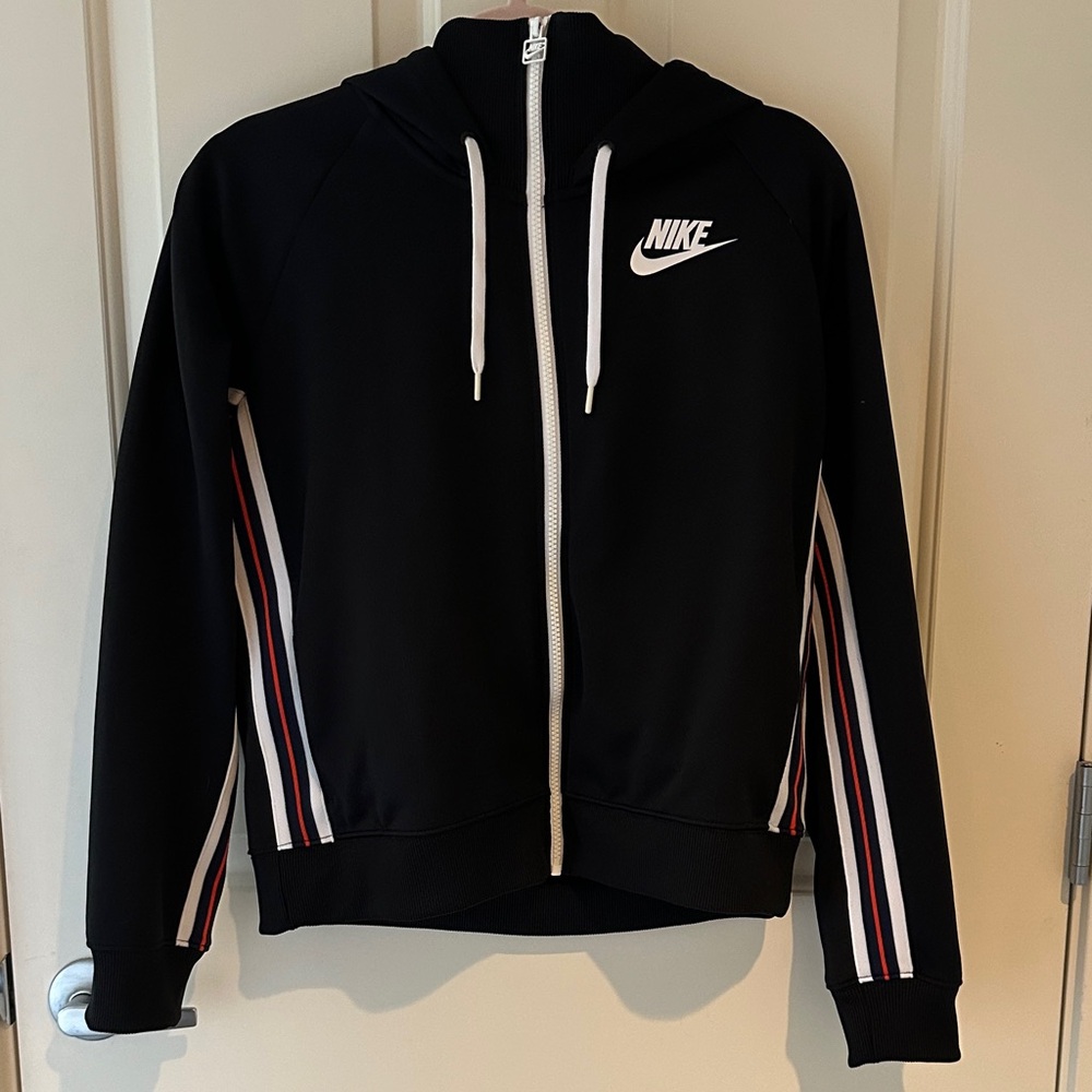 Nike Women’s Black Track Jacket with Red and White Stripes